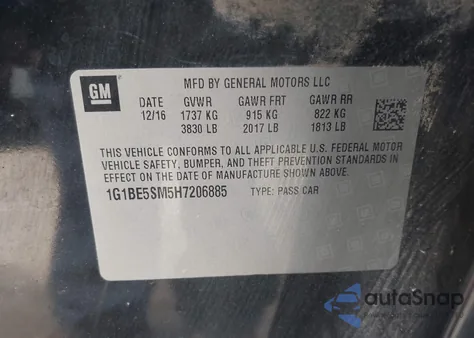 2017 Chevrolet Cruze Lt Auto z USA, uszkodzony, nr VIN 1G1BE5SM5H7206885